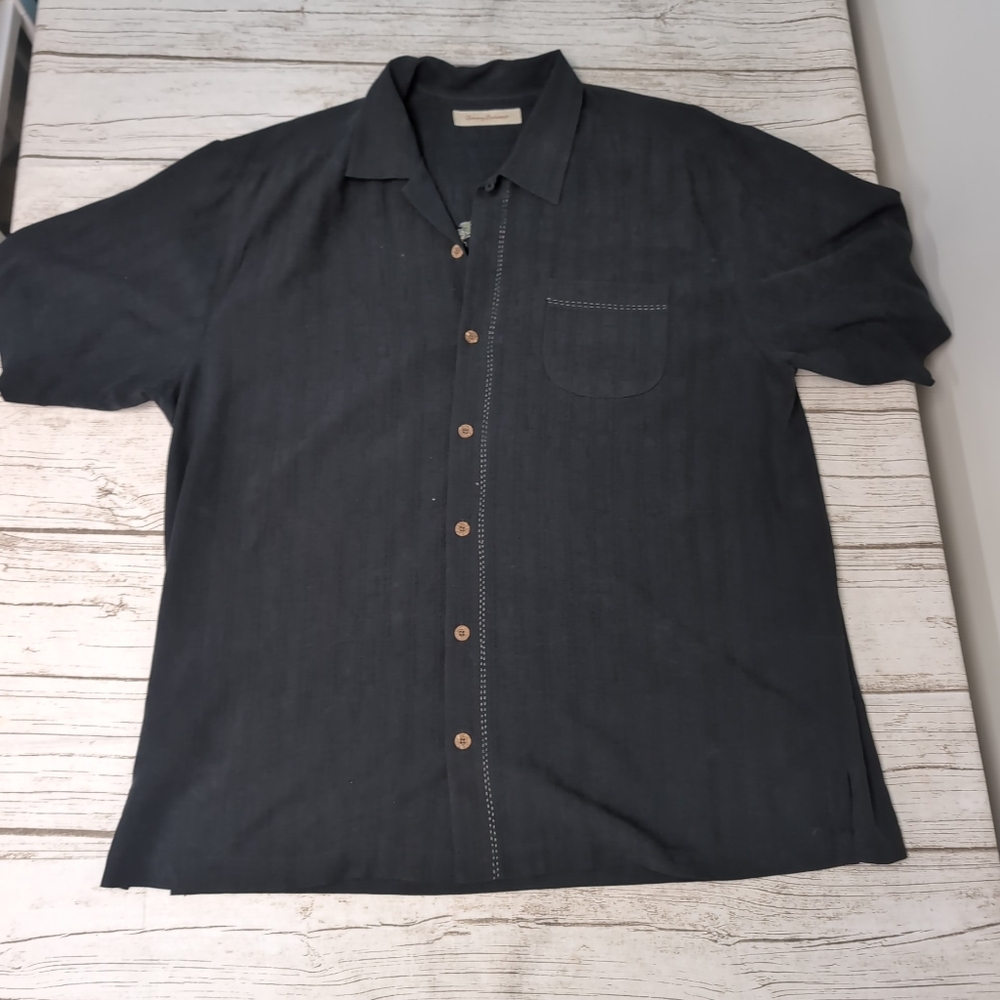Tommy Bahama Black Silk Button Down Shirt With Cigar Island Chip Shop Size XL